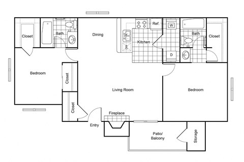 Floor plan for 2 beds, 2 baths, 900 sqft